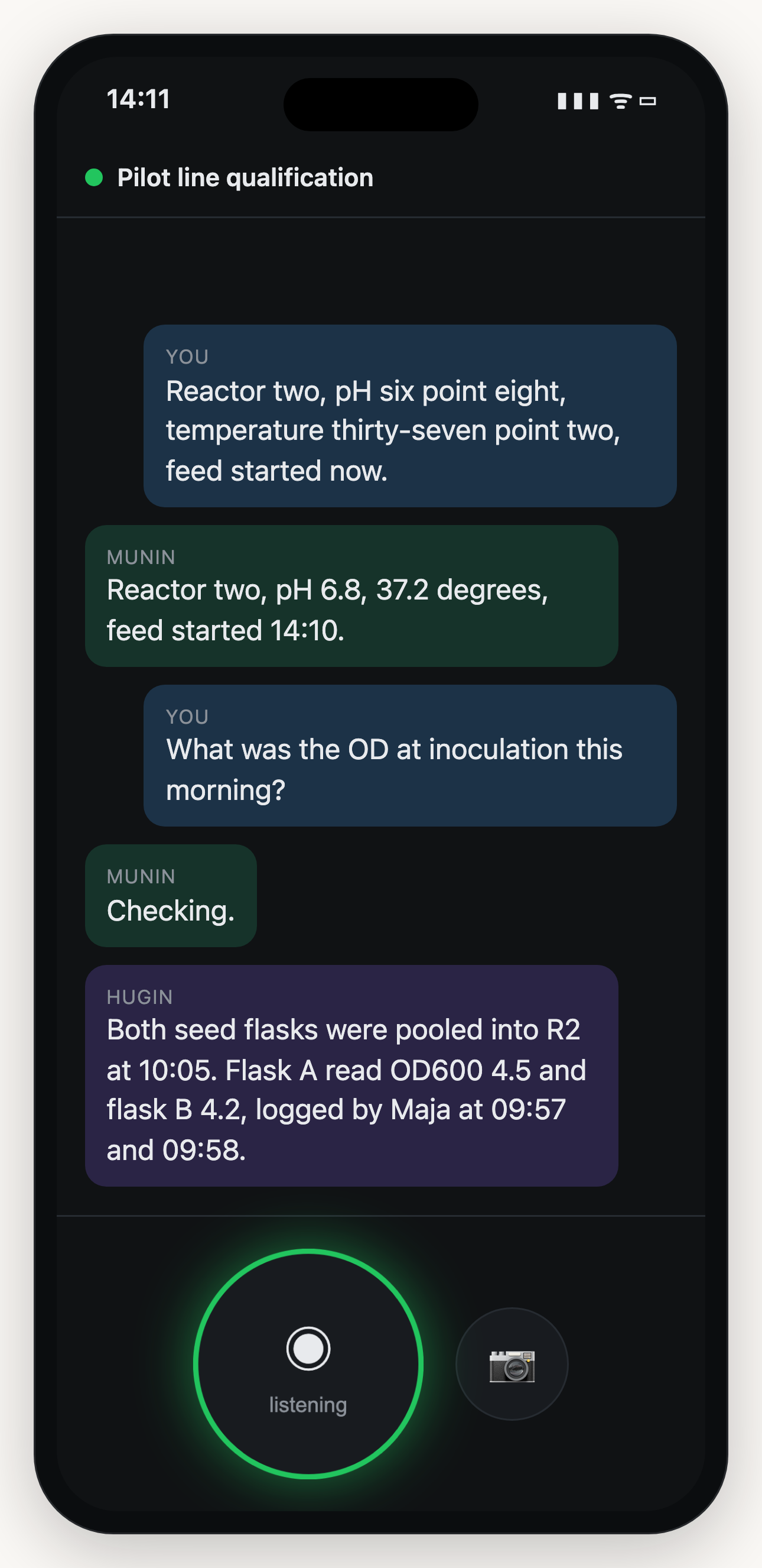 The Ravenz capture app on a phone: a spoken line, its readback, a question, and Hugin's answer, with the microphone listening