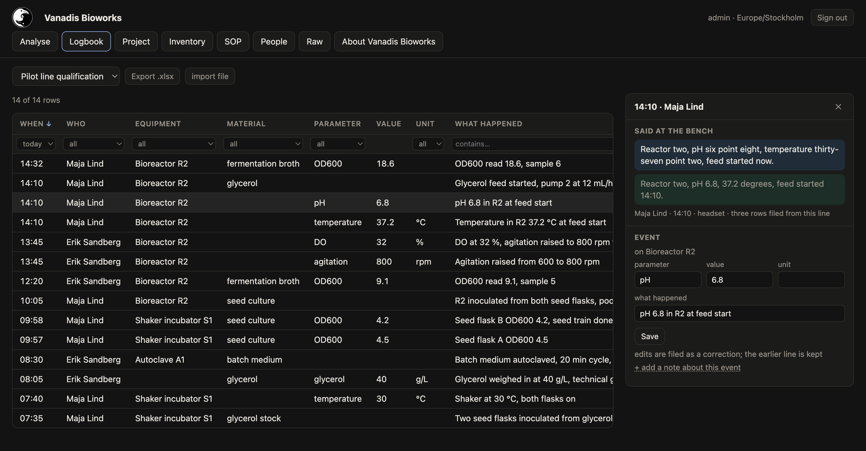 The Logbook tab of the Ravenz workspace: a grid of events with time, who, equipment, material, parameter, value, unit and what happened, and a side panel showing the spoken line the open row came from